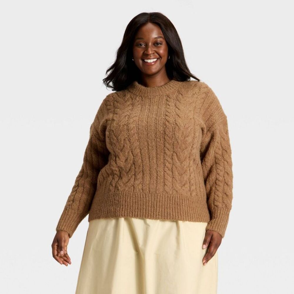 Women's Cabled Sweater - A New Day Heather Brown XXL